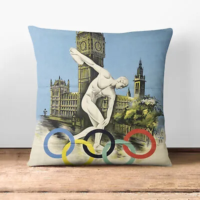 Plump Cushion Vintage London Olympic Games Poster Scatter Throw Pillow Cover • £18.95