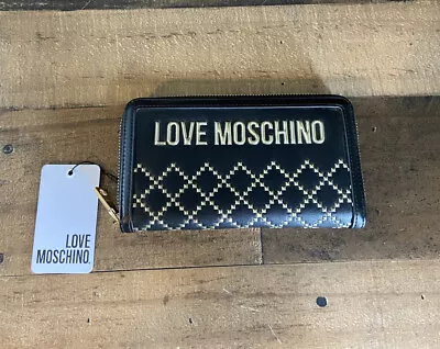 Authentic Love Moschino Black Leather Gold Studded Zip Around Wallet NWT • $59.99