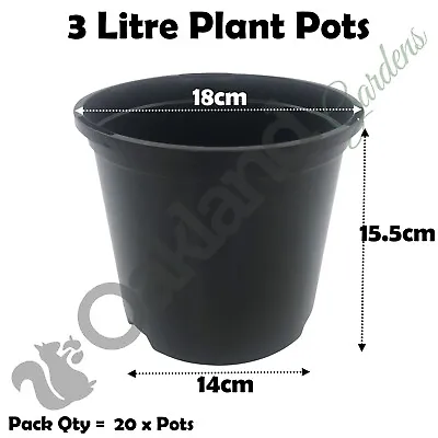 3 Litre Black Plant Pots Plastic Round Flower Pot  L LT High Quality Qty = 20 • £10.45