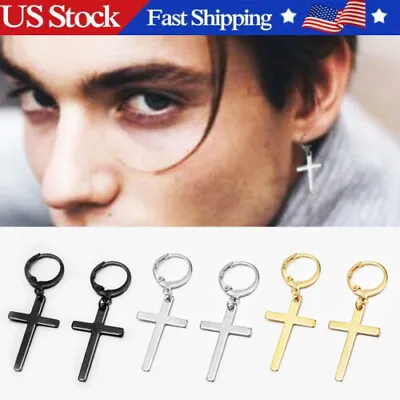 Men's Cross Dangle Earrings Stainless Steel Hinged Piercing Huggie Hoop Earring • $3.39