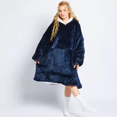 The Oodie Navy Wearable Hooded Blanket Sherpa Fleece Onesizes - Free Post • $39