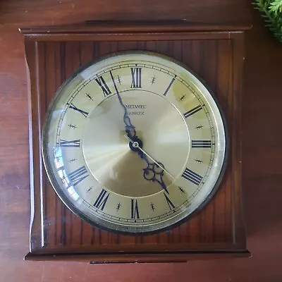 Vintage METAMEC Quartz Square Wall Clock Mahogany Colour & Brass  FULLY WORKING • £12.50