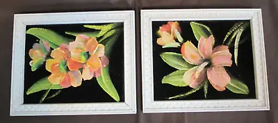 Pair Framed Black Velvet Paintings Tropical Pink Flower 4 3/4  X 5 3/4  Vintage • $40.49