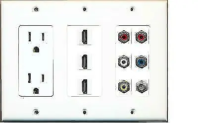 15A Power Outlet 3 HDMI RCA 2-Red 1-White-Yellow-Blue Coax Wall Plate • $39.16