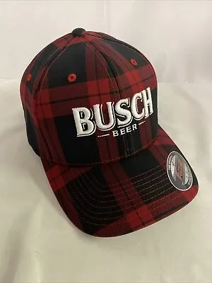 New Busch Beer Plaid Flexfit Trucker Hat Black And Red Plaid With Tags NWT • $24.95