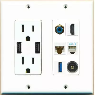 1 Port HDMI CAT6 RCA Phone USB Toslink Wall Plate + 2 USB Charger Power Outlet • $34.19