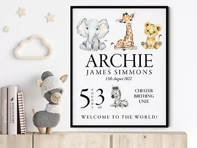 New Baby Personalised Print Gift Animal Name Birth Stats Print Present • £18.95