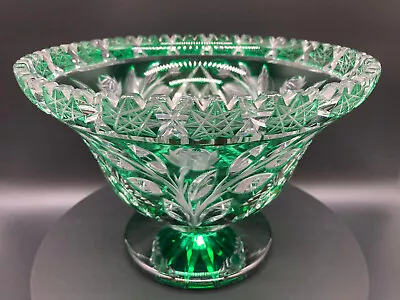 Very Nice Large Crystal Bowl Green/Clear Rich Floral Decorated Circa 1930 • £180.60