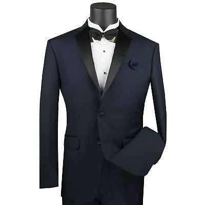 VINCI Men's Midnight Blue Slim Fit Formal Tuxedo Suit W/ Sateen Lapel & Trim NEW • $104