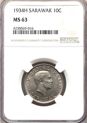 1934 H Sarawak 10 Cents NGC MS 63 Malaysia  • $159