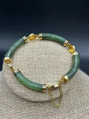 Vintage Nephrite Gold Tone Asian Chinese Bracelet Longevity Link Bracelet • $24.98