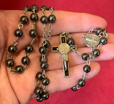 NEW Metal Haematite  Bead Rosary Necklace With St Benedict Crucifix Cross • £5.85
