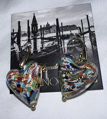 Venetian Murano Glass HEART EARRINGS Gold Foil Dyadema Bronze Made In Italy NEW • $49.95