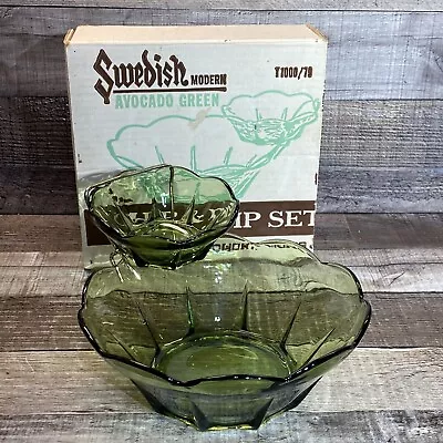 Vintage Anchor Hocking Swedish Modern Chip & Dip Set Avocado Green Original Box • $18.50