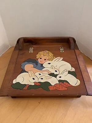 Vintage Slant Top Wooden Lap Desk- Hand Painted Girl With Rabbits- Pine Wood • $21