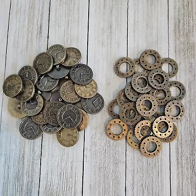 (50) Mixed Steampunk Gears And Clocks Blumenthal Antique Gold Metallic Plastic • $24.99