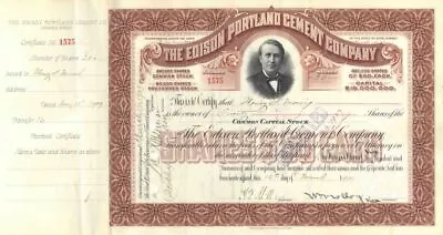 Harry F. Miller Signed Edison Portland Cement Co Stock Certificate - Transferred • $120