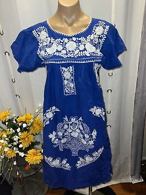 Peasant Mexican Dress Tunic Boho Hand Embroidered Puebla Dress Royal Blue Size S • $19.99