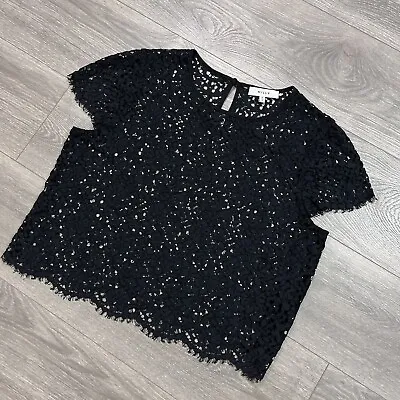 MILLY Womens 12 Floral Black Eyelash Lace Short Sleeve Dressy Top Blouse Large • $30