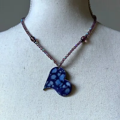 Purple Abstract Ceramic Heart Pendant Aurora Borealis Beaded Choker Necklace 17  • $14.94