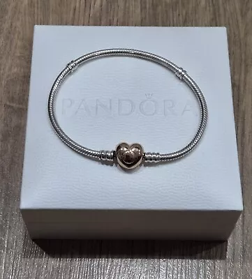 Genuine Pandora Rose Gold Clasp Moments Pavé Heart Bracelet 19cm With Box • £35