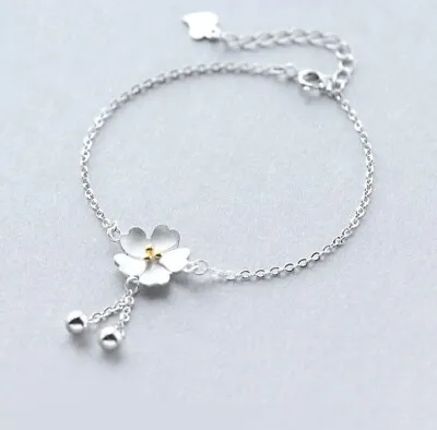 Flower Cherry Blossom Bell Silver SP Women‘s Chain Cuff Charm Bracelet • $8.99
