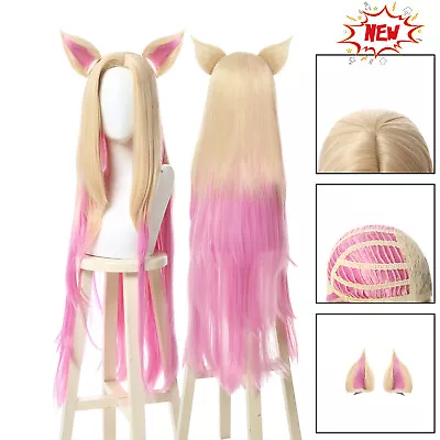 League Of Legends LOL KDA The Baddest Ahri Cosplay Wig Pink Mix Beige Wig+Ears • $29.99