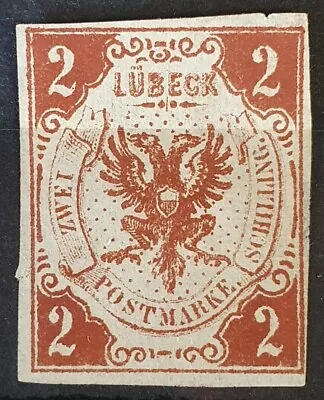 LUBECK GERMANY 1859 Unused No Gum Imperf 2 S Deep Red Brown Michel #3 • $1