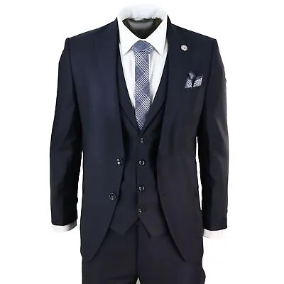 Mens 3 Piece Suit Blue Tailored Fit Smart Formal 1920s Classic Vintage Gatsby • $157.29