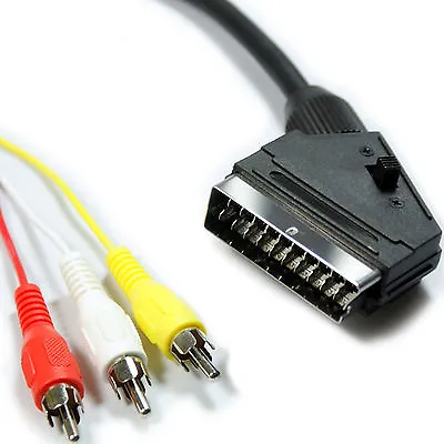 2m SCART Plug To 3 RCA PHONO Male Cable Composite AV Audio Video TV DVD Lead • £8.49