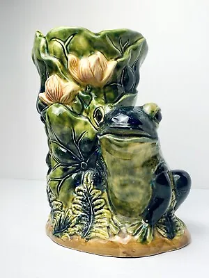 Vintage Majolica Style Frog Planter Vase Green Floral Ceramic Art Pottery 9.5” • $54.99