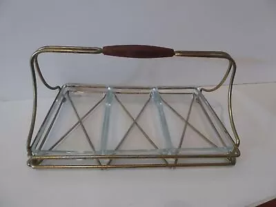 Condiment Caddy Metal Wood With 3 Glass Relish Trays Vintage MCM (S2 • $24.99