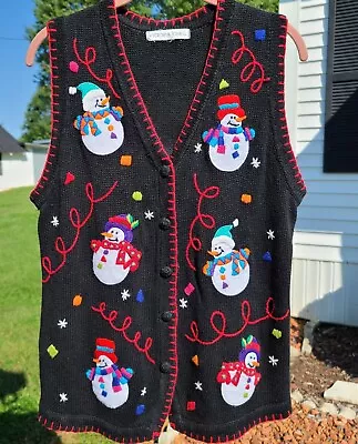 Victoria Jones Snowman Sweater Vest Size Medium Black Button Up Winter Holiday • $21.95