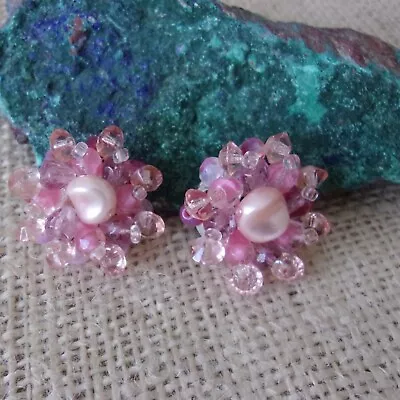 Vintage Earrings Clip On Pink Crystals West Germany • $16