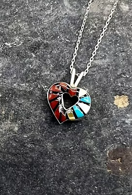 Angelena Laahty Zuni Sterling Turquoise Multi Stone Inlay Heart Pendant Necklace • $54.99