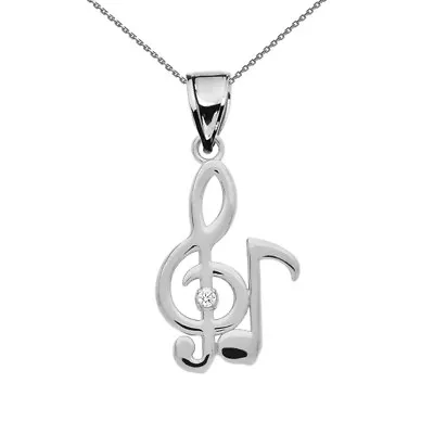 Sterling Silver  Diamond  Treble Clef & Eight Note Music Pendant Necklace • $19.99