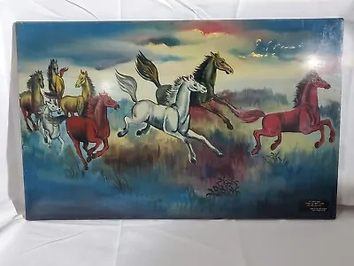 Vintage Original 1966 Colorful Vietnamese Wood Lacquer Painting Galloping Horses • $50