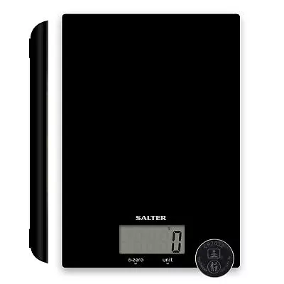 Salter Digital Kitchen Scale Easy Clean Ultra Slim Compact Glass Platform Black • £17.99