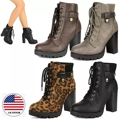 $37.99 • Buy Women's Lace Up Chunky High Heel Ankle Booties Side Zipper Fashion Boots