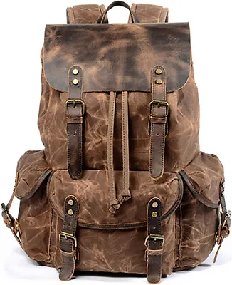 Men Waxed Canvas Leather Backpack Travel Rucksack Camping Hiking School Book Bag • $57.98