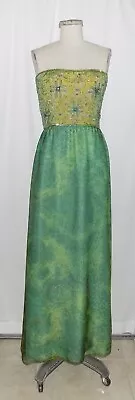 Mary McFadden Green Paisley Silk Gold Beaded/Sequin Bodice Strapless Maxi Gown 8 • $285