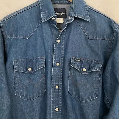 Wrangler Western Shirt Mens Fits Like Large Long Sleeve Pearl Snap Chambray • $18.02