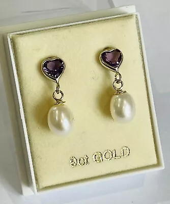 9ct Gold Amethyst Heart & Pearl Drop Earrings New • £35