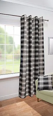 Isla Woven Twill Tartan Check Stripe Eyelet Curtain Panel - Blue Red Natural • £15