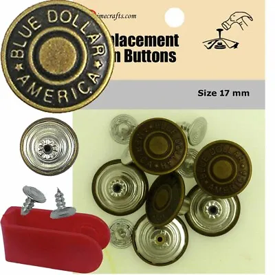 17mm Brass Jean Tack Buttons CT. 6 W/Tool - Replacement Button For Levis!  • $5.79