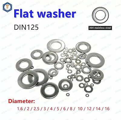 304 Stainless Steel Flat Washer M2 M2.5 M3 M4 M5 M6 M8 M10 M12 DIN125 • $6.91