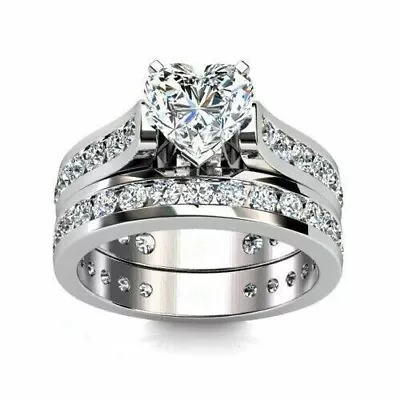 2.50 Ct Heart Cut Moissanite Bridal Set Engagement Ring Solid 14k White Gold • $243.89