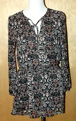 NEW Veronica M. XS Smocked Ruffle Dress Black Brown Floral Tie Neck Long Sleeve • $29.99