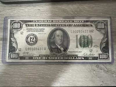 Series 1928 US $100 Dollar Bill Federal Reserve Note SAN FRACISCO Low #L00160437 • $130