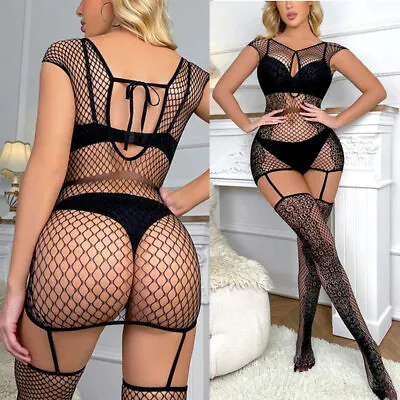 Women Sexy Lingerie Fishnet Bodysuit Body Stocking Lace-Up Babydoll Nightwear • $8.17